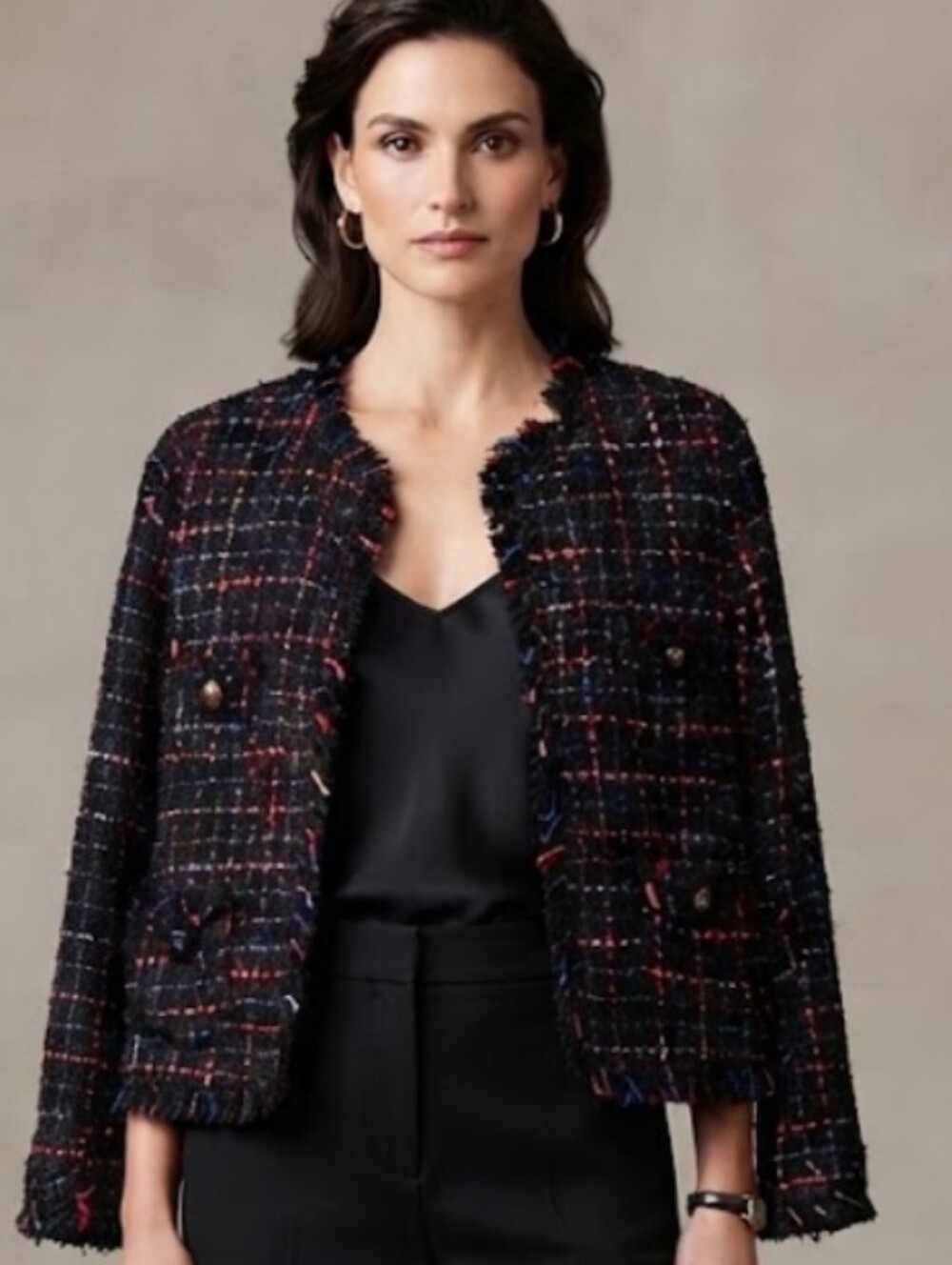 Halogen Black Tweed Fringed Blazer with Multicolor Thread P2P22"